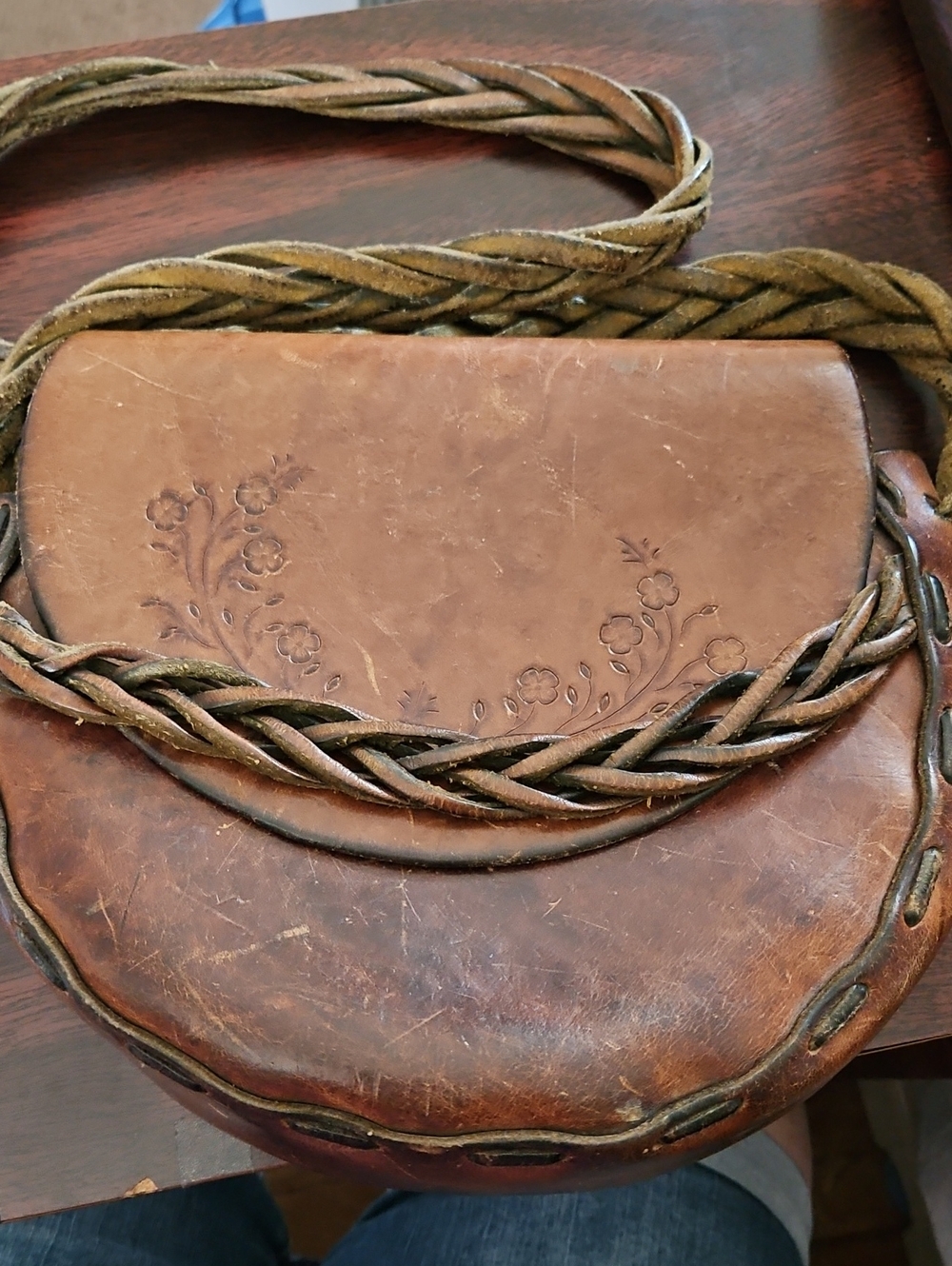Brown Tooled Leather Crossbody Bag with Braided Strap